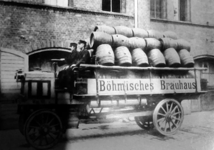 Black and white image of a beer truck