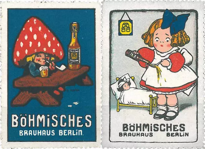 Two stamps side by side, one with a toadstool and the other with a little girl